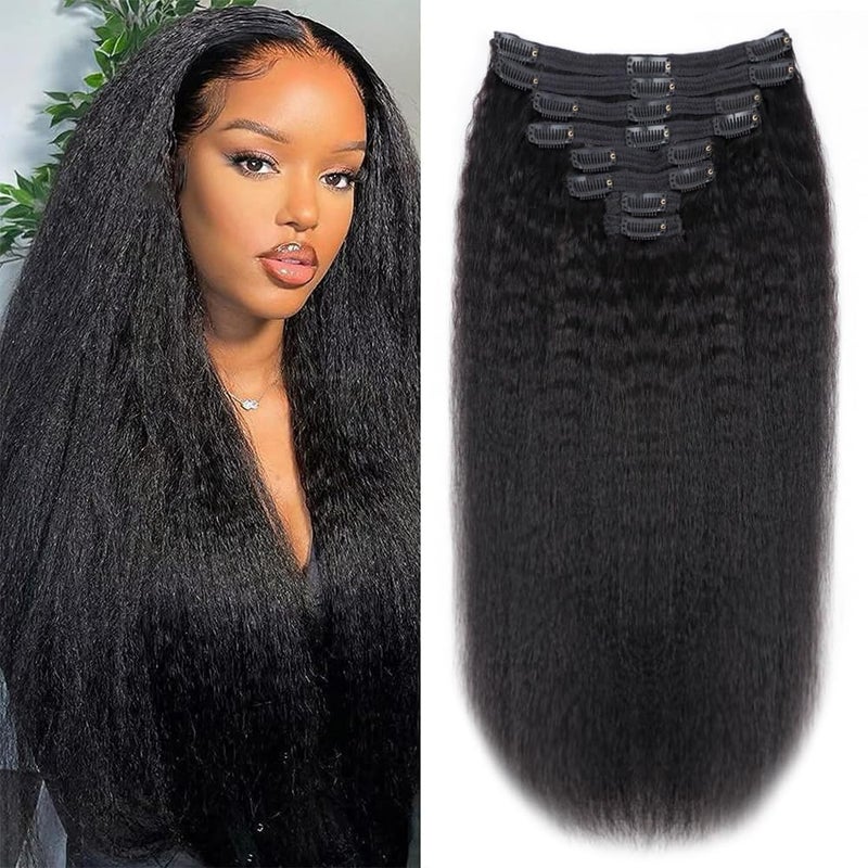 Tahikie Kinky Straight Human Hair Clip in Extensions 120g Full Head Clip ins for Women 100 Unprocessed Brazilian Virgin Human Hair Yaki Straight Clip ins Remy Hair Natural Black 8Pcs 18Clips 24inch