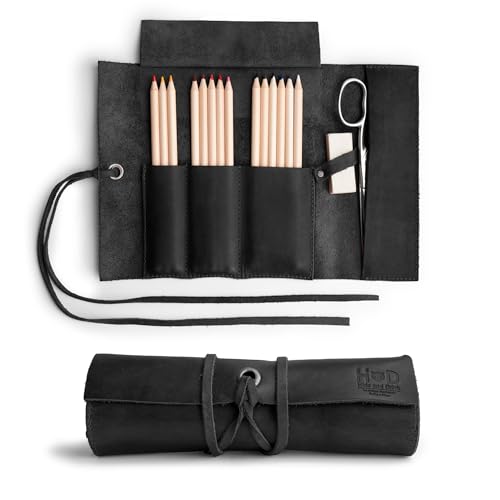 Hide & Drink, Rustic Pencil Roll Pouch, Multi-Purpose Storage Wrap for Scissors, Earphones, Organizer for Craft, Full Grain Leather, Handmade, Charcoal Black - Image 1