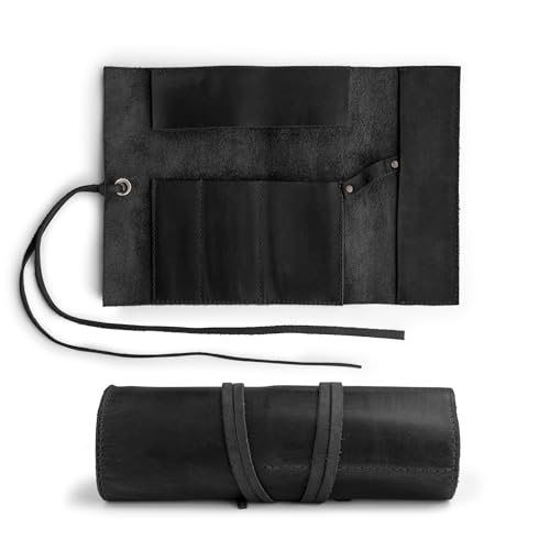 Hide & Drink, Rustic Pencil Roll Pouch, Multi-Purpose Storage Wrap for Scissors, Earphones, Organizer for Craft, Full Grain Leather, Handmade, Charcoal Black - Image 2