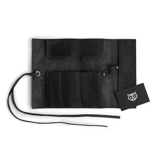 Hide & Drink, Rustic Pencil Roll Pouch, Multi-Purpose Storage Wrap for Scissors, Earphones, Organizer for Craft, Full Grain Leather, Handmade, Charcoal Black - Image 5