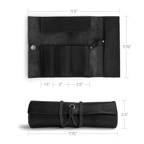 Hide & Drink, Rustic Pencil Roll Pouch, Multi-Purpose Storage Wrap for Scissors, Earphones, Organizer for Craft, Full Grain Leather, Handmade, Charcoal Black - Image 4