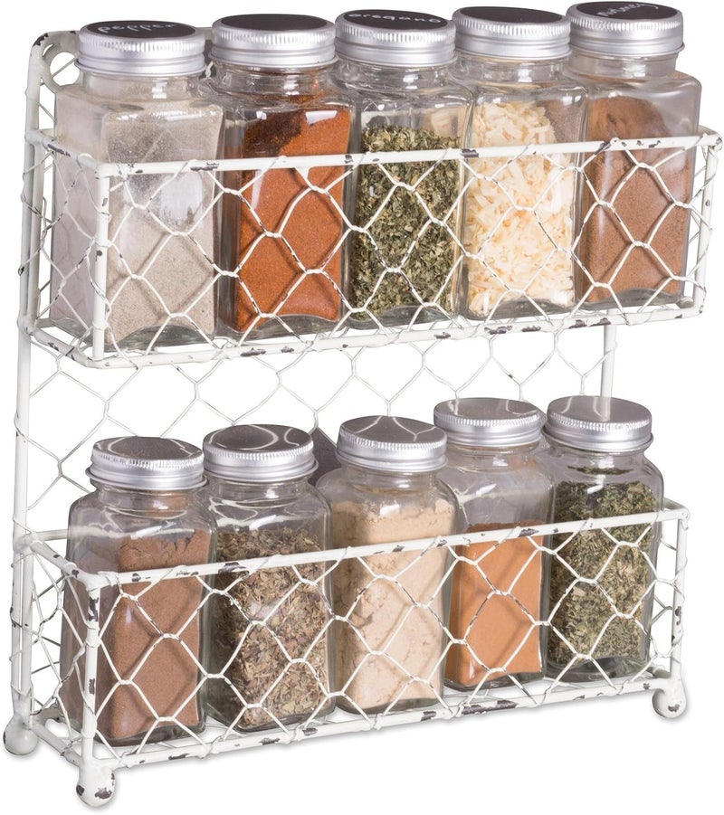 DII Farmhouse Vintage Decorative Metal Pantry Spice Rack Organizer, 9.45Lx2.3Wx10H, 2 Tier Spice Rack - White 12 Piece - Image 3