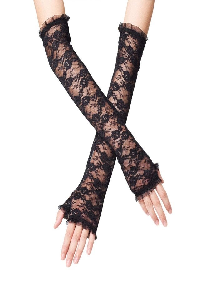 Tarini Black Lace Gloves, Long Black Gloves, Long Gloves for Women, Half Fingerless Lace Gloves for Women, Elbow Length Opera Gloves, Elegant Bridal Gloves for Wedding Evening Prom - Image 1