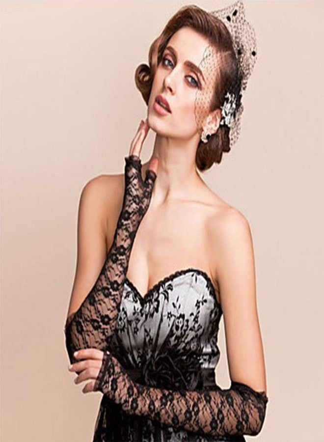 Tarini Black Lace Gloves, Long Black Gloves, Long Gloves for Women, Half Fingerless Lace Gloves for Women, Elbow Length Opera Gloves, Elegant Bridal Gloves for Wedding Evening Prom - Image 2