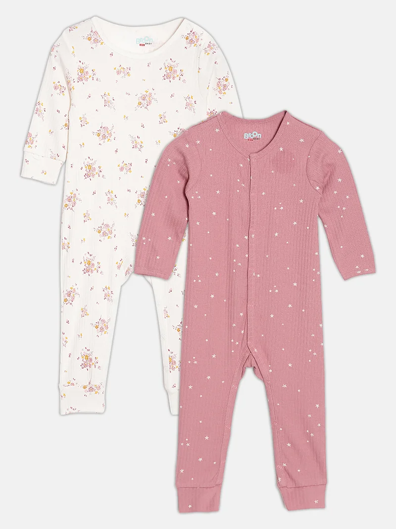 Broon Broon Infant Girls Dusty Pink and Off White Printed Organic Cotton Sleepsuit Pack of 2