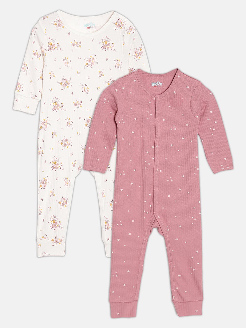 Broon Infant Girls Dusty Pink and Off White Printed Organic Cotton Sleepsuit Pack of 2 - Image 1