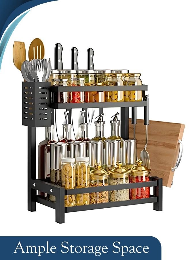 RACK STORE 2 LAYER SPICE RACK STAINLESS STEEL COUNTERTOP SPICE RACK KNIFE & SPOON & CUTTING BOARD HOLDER - Image 1