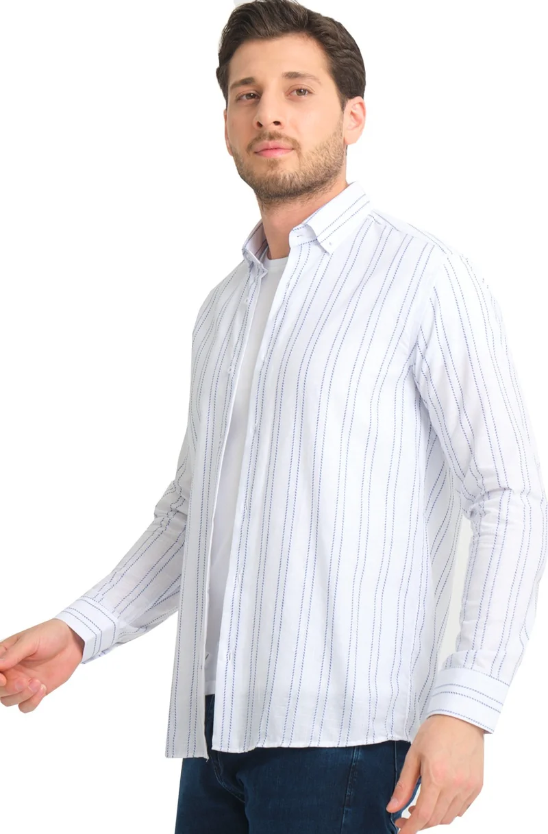 فاريتا Men's White Blue No Pocket Linen Effect Striped Wide Cut Long Sleeve Shirt