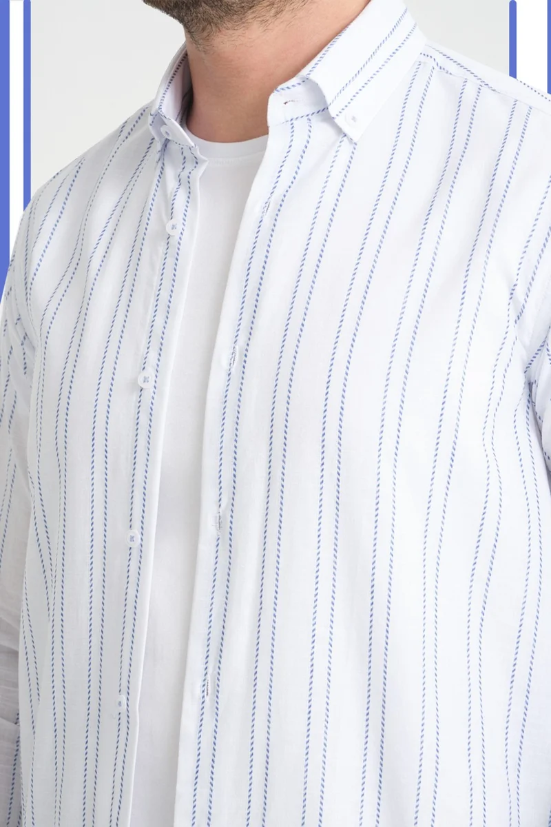 فاريتا Men's White Blue No Pocket Linen Effect Striped Wide Cut Long Sleeve Shirt