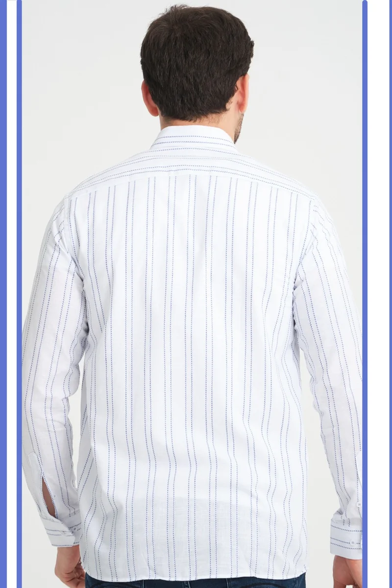 فاريتا Men's White Blue No Pocket Linen Effect Striped Wide Cut Long Sleeve Shirt