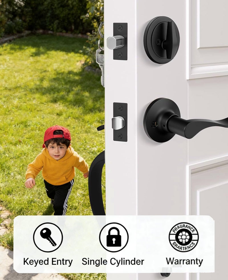 Haidms Matte Black Front Door Handle and Deadbolt Set, Front Door Lock Set, Weather Resistant Entry Door Locksets with Deadbolt Single Cylinder, Exterior Door Handle with Reversible Handle Lever - Image 5