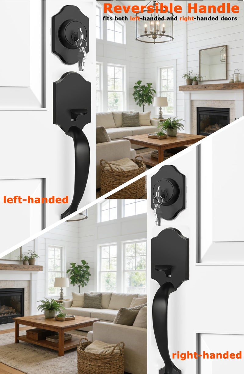 Haidms Matte Black Front Door Handle and Deadbolt Set, Front Door Lock Set, Weather Resistant Entry Door Locksets with Deadbolt Single Cylinder, Exterior Door Handle with Reversible Handle Lever - Image 4