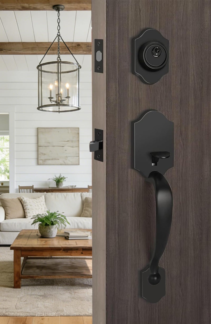 Haidms Matte Black Front Door Handle and Deadbolt Set, Front Door Lock Set, Weather Resistant Entry Door Locksets with Deadbolt Single Cylinder, Exterior Door Handle with Reversible Handle Lever - Image 2