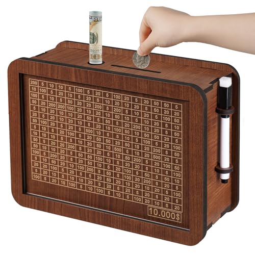 FOLENCER Wooden Money Saving Box for Kids Adults Reusable 10000 Savings Challenge Box with Progress Tracker Cash Vault Educational Piggy Bank Gift for Boys Girls 312 10000 Dollar - Image 1