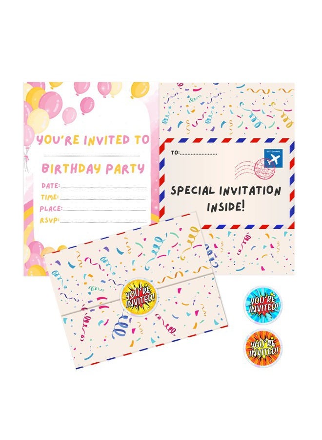 BestaFiesta 36 Kids Childrens Birthday Party Invitations with Folding Envelope Design and Holographic Stickers (Pink)  - Image 1