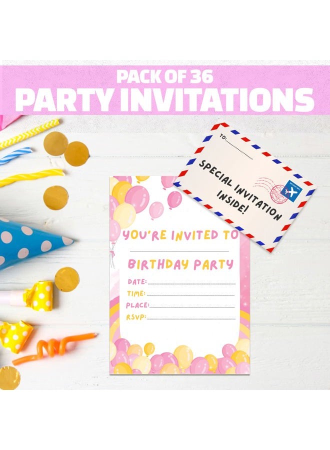 BestaFiesta 36 Kids Childrens Birthday Party Invitations with Folding Envelope Design and Holographic Stickers (Pink)  - Image 2