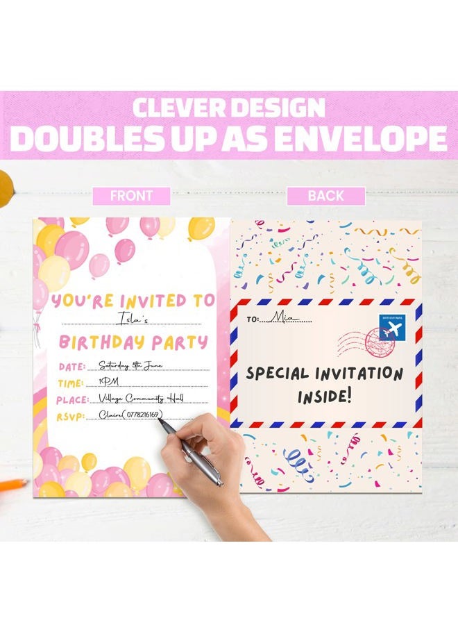 BestaFiesta 36 Kids Childrens Birthday Party Invitations with Folding Envelope Design and Holographic Stickers (Pink)  - Image 3