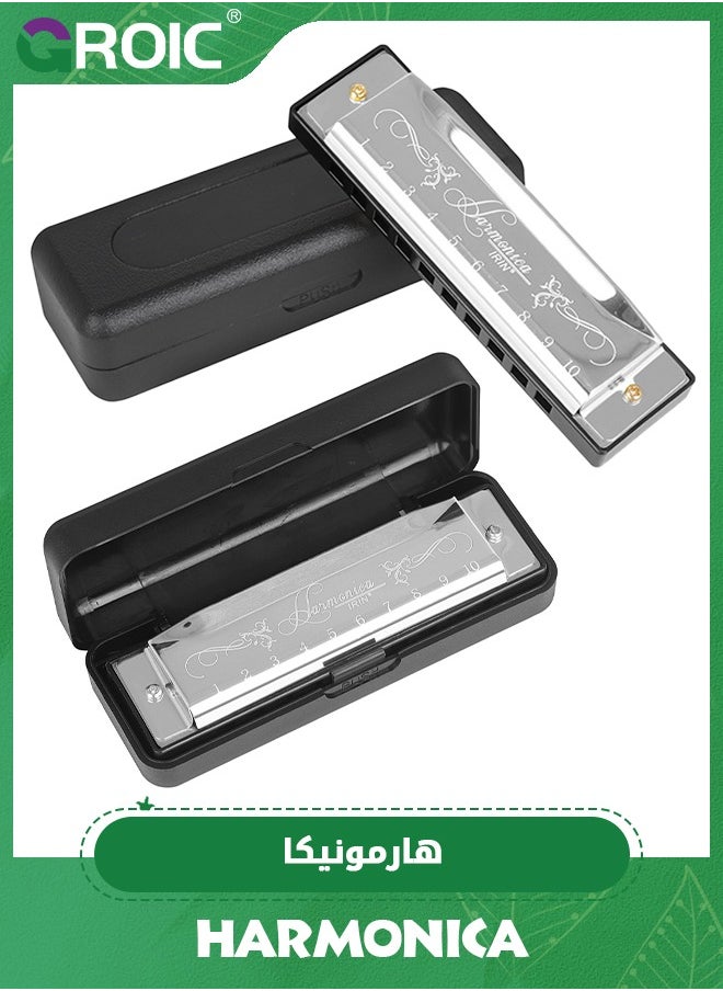 GROIC Harmonica, C Key Blues Harmonica for Beginners and Adults, 10 Holes Mouth Organ Blues Harp Diatonic Harmonica,Children Musical Instrument(Silver)  - Image 1