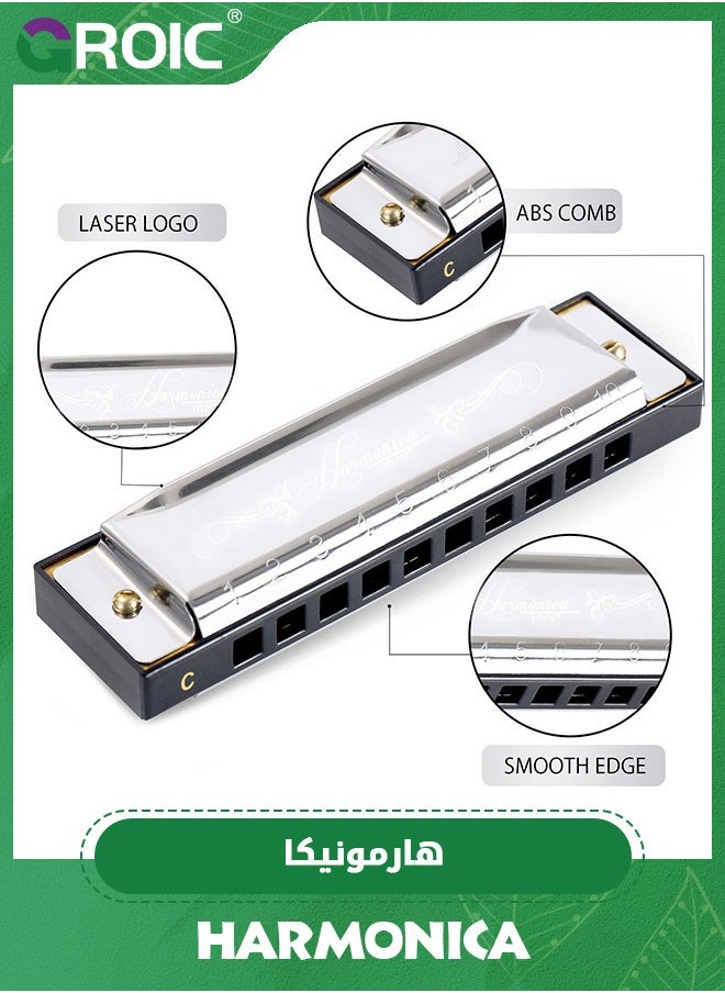 GROIC Harmonica, C Key Blues Harmonica for Beginners and Adults, 10 Holes Mouth Organ Blues Harp Diatonic Harmonica,Children Musical Instrument(Silver)  - Image 4
