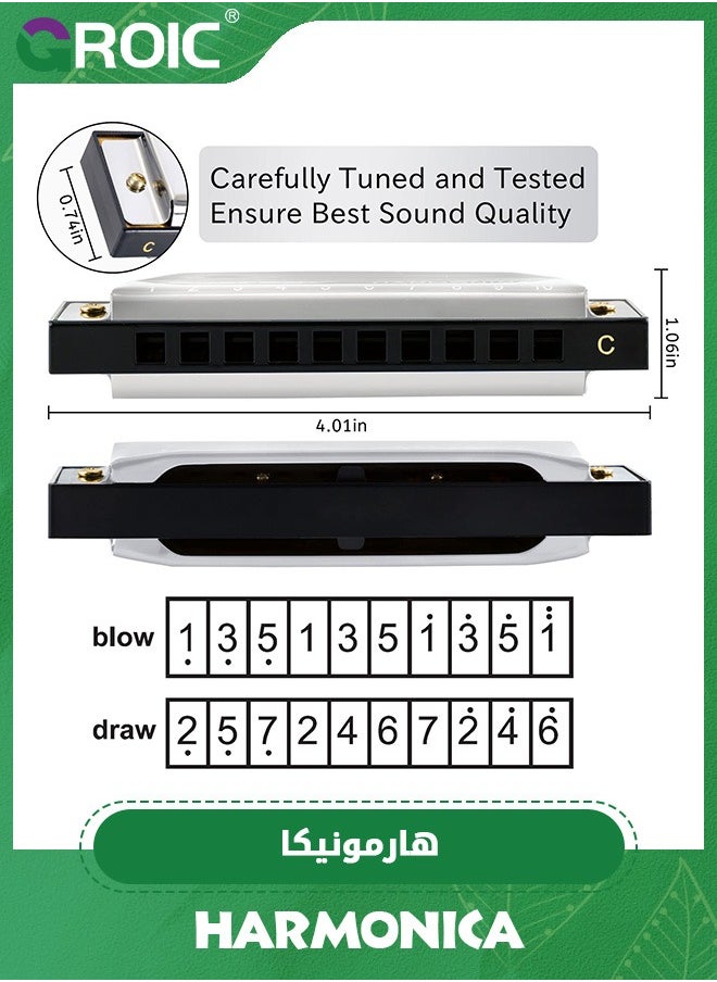 GROIC Harmonica, C Key Blues Harmonica for Beginners and Adults, 10 Holes Mouth Organ Blues Harp Diatonic Harmonica,Children Musical Instrument(Silver)  - Image 2