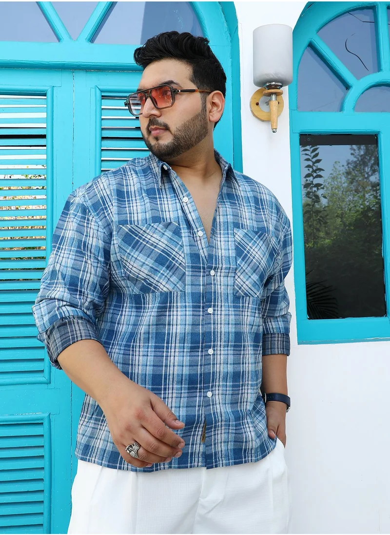 انستافاب بلس Instafab Plus Men's Steel Blue Tartan Plaid Shirt For Casual Wear | Spread Collar | Long Cuffed Sleeves | Button Closure | Plus Size Shirt Crafted With Comfort Fit For Everyday Wear