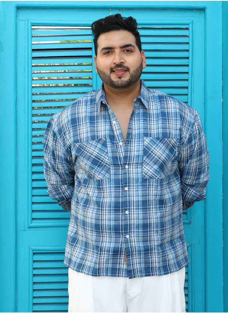 انستافاب بلس Instafab Plus Men's Steel Blue Tartan Plaid Shirt For Casual Wear | Spread Collar | Long Cuffed Sleeves | Button Closure | Plus Size Shirt Crafted With Comfort Fit For Everyday Wear