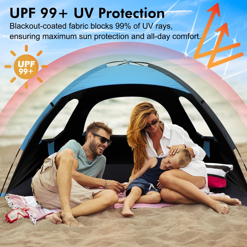 WhiteFang Beach Tent Anti-UV Portable Sun Shade Shelter for 3 Person with Blackout Shelter, Extendable Floor with 3 Ventilating Mesh Windows Plus Carrying Bag, Stakes and Guy Lines (Blue) - Image 3
