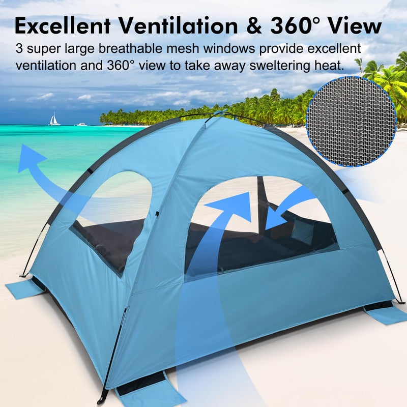 WhiteFang Beach Tent Anti-UV Portable Sun Shade Shelter for 3 Person with Blackout Shelter, Extendable Floor with 3 Ventilating Mesh Windows Plus Carrying Bag, Stakes and Guy Lines (Blue) - Image 5
