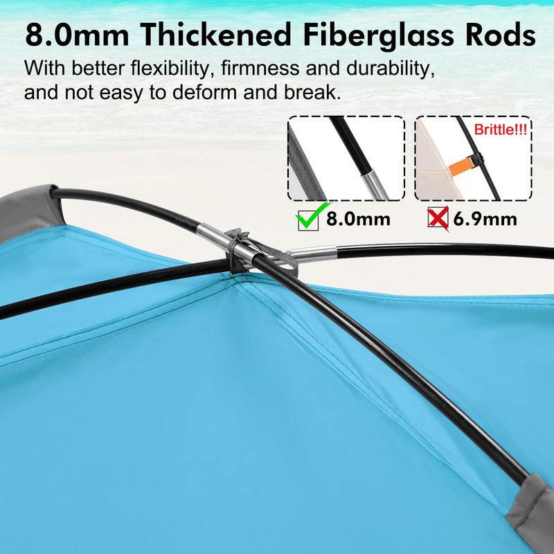 WhiteFang Beach Tent Anti-UV Portable Sun Shade Shelter for 3 Person with Blackout Shelter, Extendable Floor with 3 Ventilating Mesh Windows Plus Carrying Bag, Stakes and Guy Lines (Blue) - Image 2