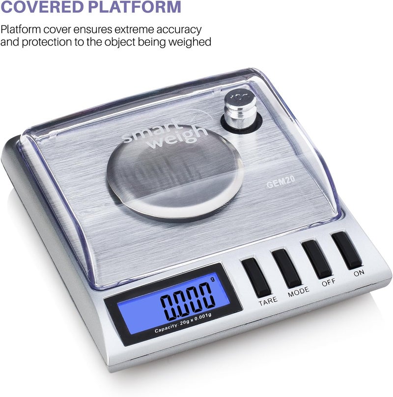 Smart Weigh GEM20-20 جرام × 0.001 جرام، ميزان مجوهرات رقمي عالي الدقة، إعادة تحميل، ميزان مجوهرات وأحجار كريمة، أوزان المعايرة والملاقط متضمنة - Image 3