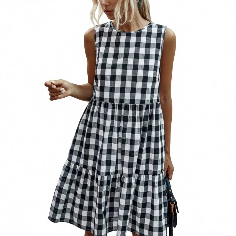 Women's Loose Fit Printed Plaid Dress Summer Round Neck - Image 2