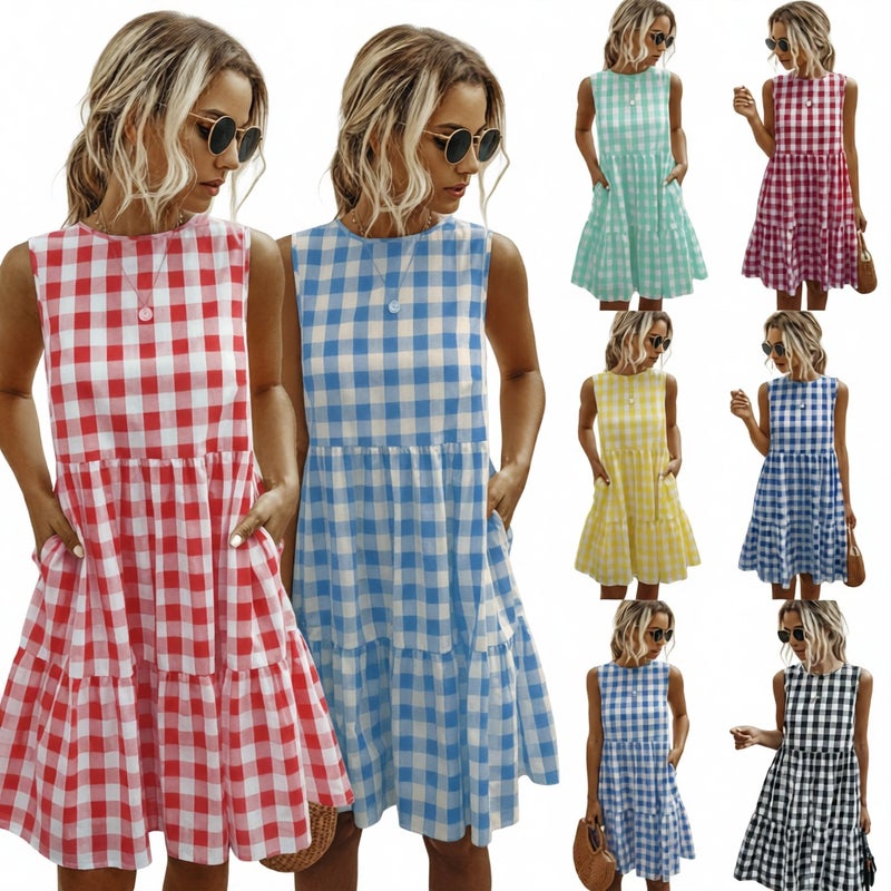 Women's Loose Fit Printed Plaid Dress Summer Round Neck - Image 1