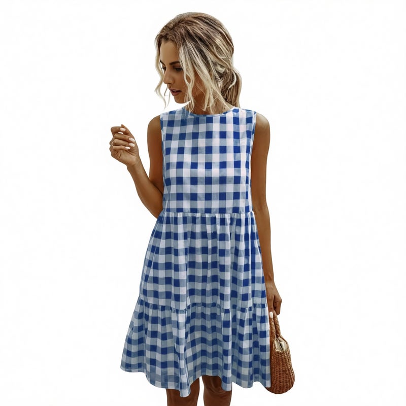 Women's Loose Fit Printed Plaid Dress Summer Round Neck - Image 3