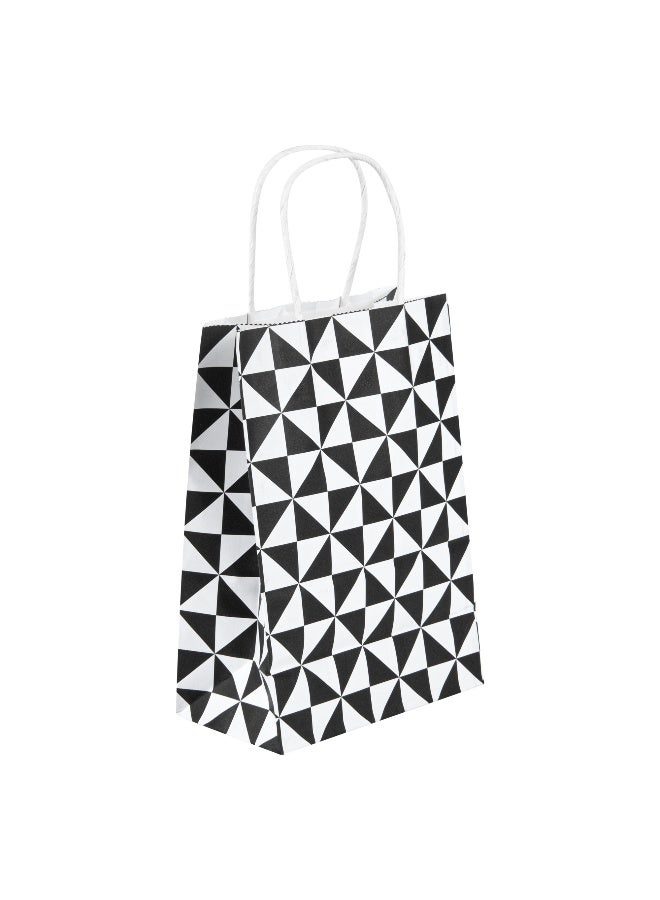 Restaurantware Vogue 5.9 x 3.2 x 8.3 Gift Bags, 100 Built-In Handle Party Bags - Tear-Resistant, Food Safe, White With Black Print Paper Retail Bags, Recyclable, For Merchandise And Retail - Image 1