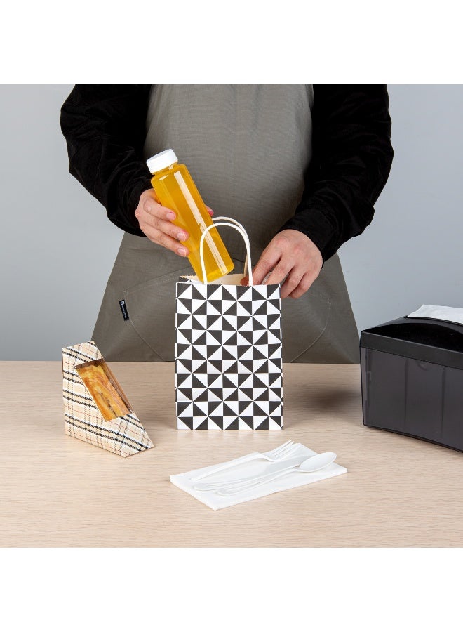 Restaurantware Vogue 5.9 x 3.2 x 8.3 Gift Bags, 100 Built-In Handle Party Bags - Tear-Resistant, Food Safe, White With Black Print Paper Retail Bags, Recyclable, For Merchandise And Retail - Image 4