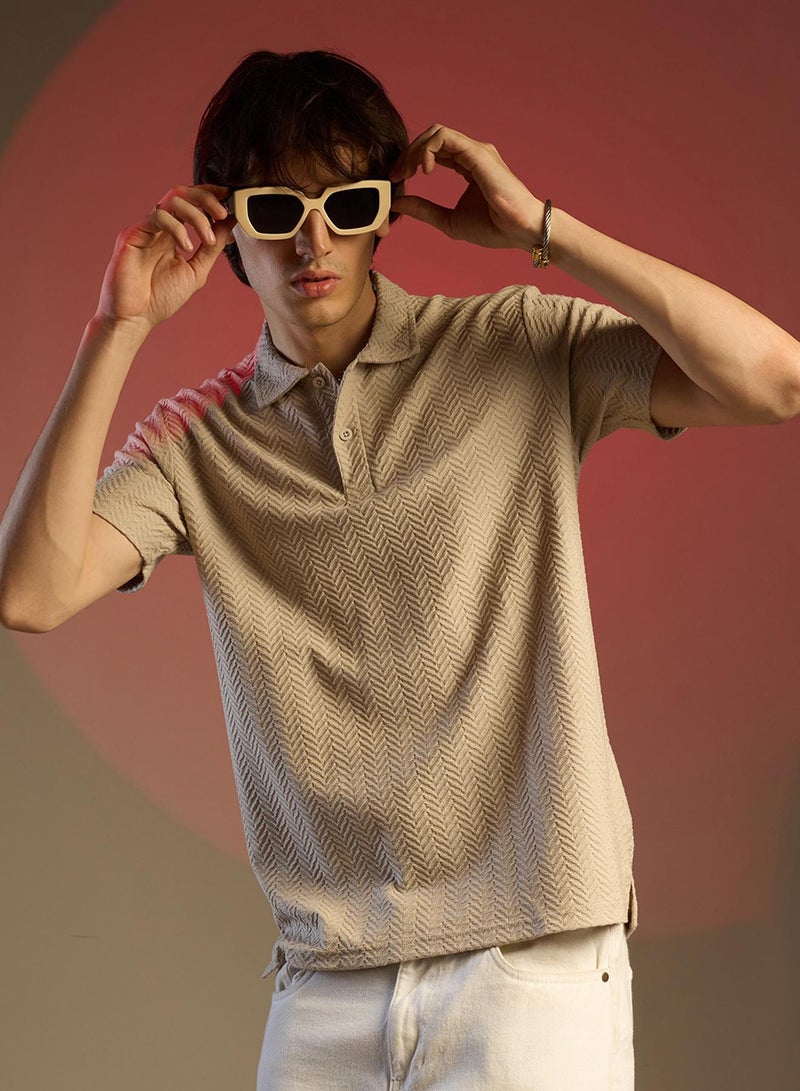 Campus Sutra Men's Saltbox Beige Chevron Polo T-Shirt - Image 1