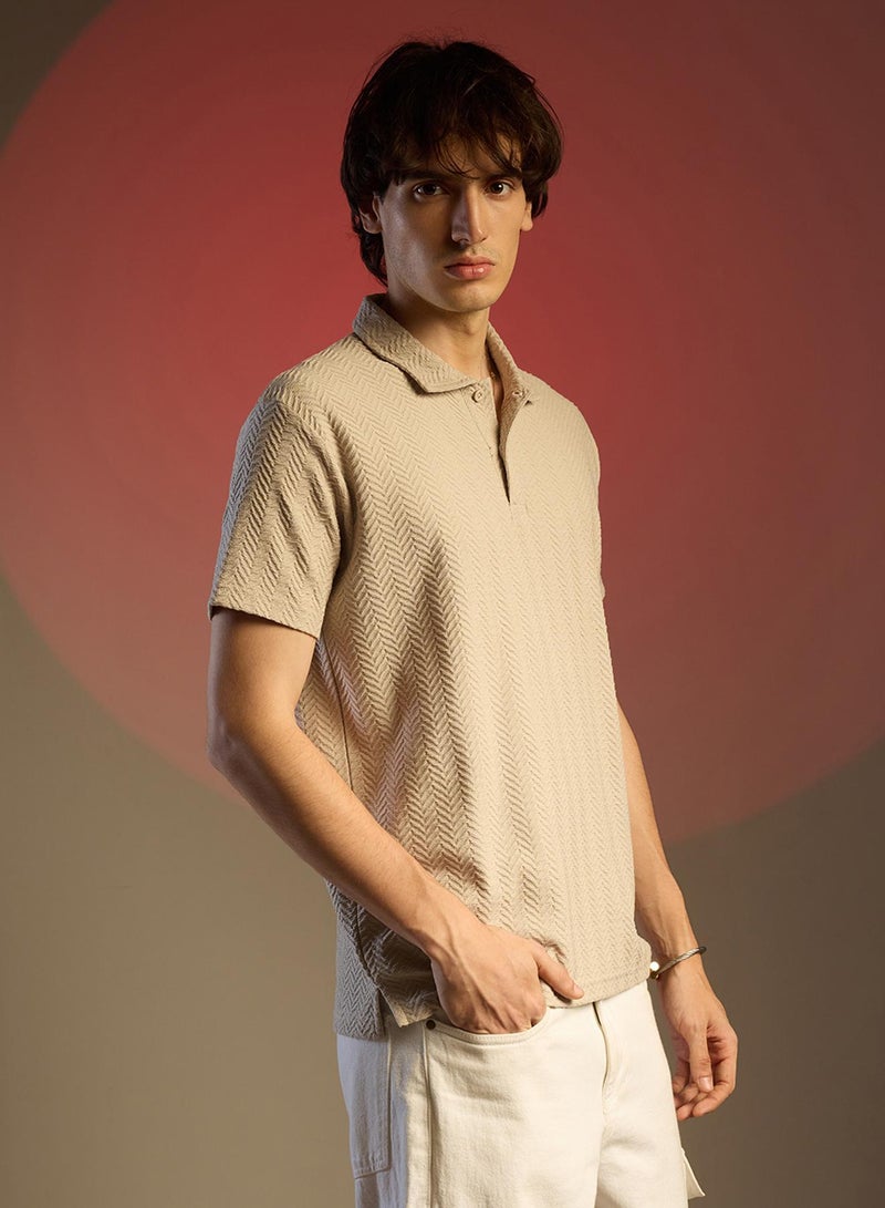 Campus Sutra Men's Saltbox Beige Chevron Polo T-Shirt - Image 3