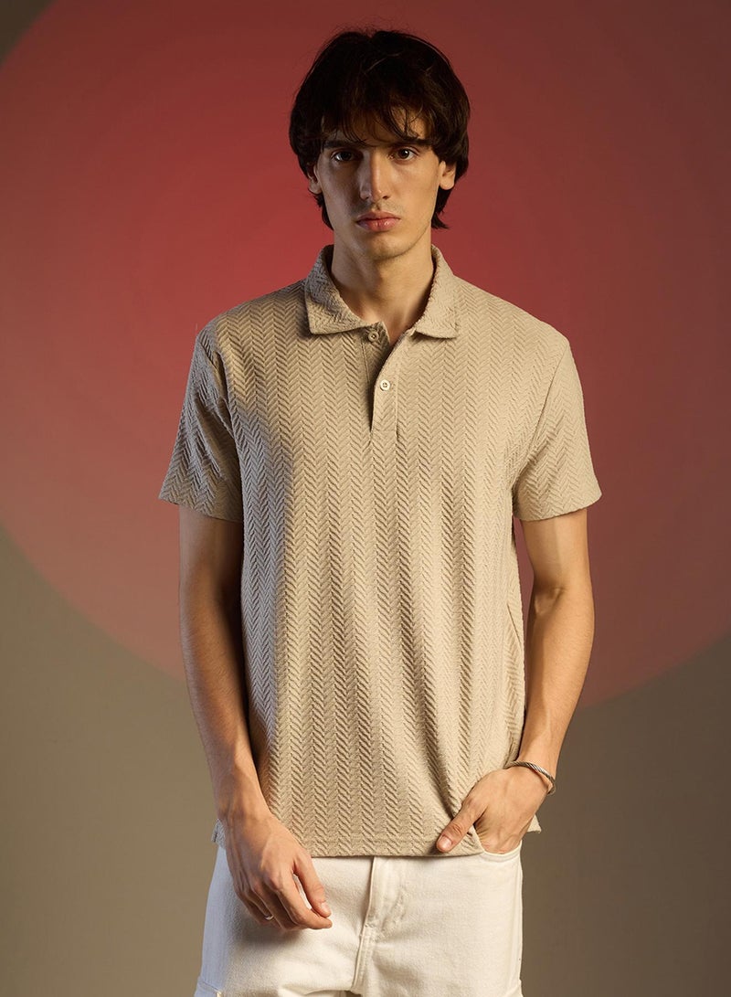 Campus Sutra Men's Saltbox Beige Chevron Polo T-Shirt - Image 2