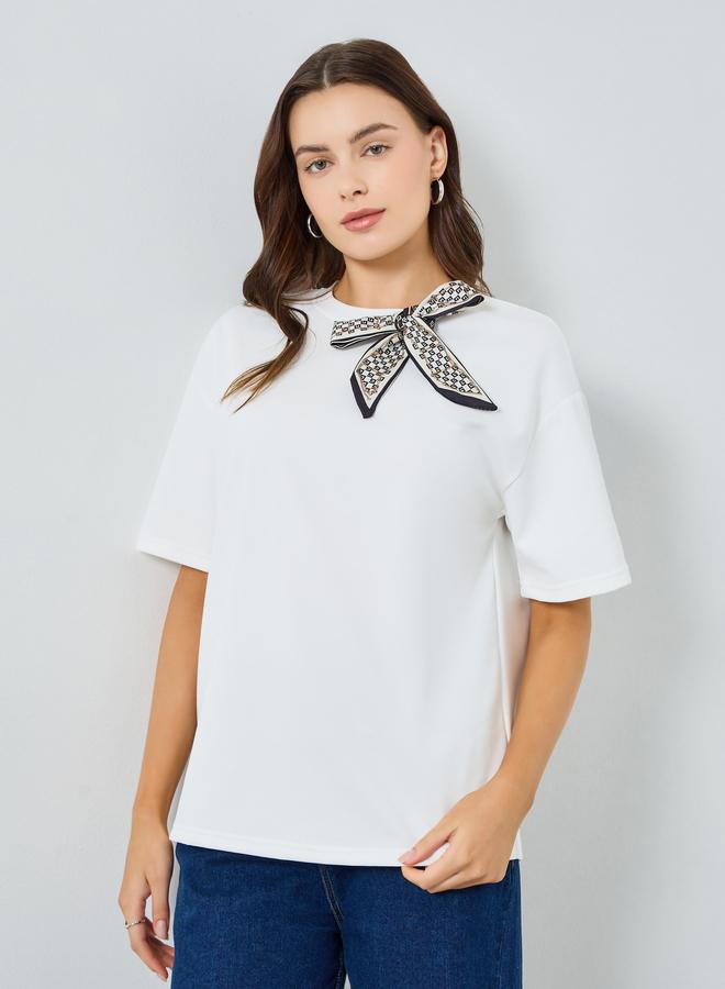 Styli Women White Oversized T-Shirt with Neck Scarf - Image 3
