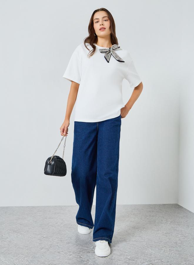 Styli Women White Oversized T-Shirt with Neck Scarf - Image 2