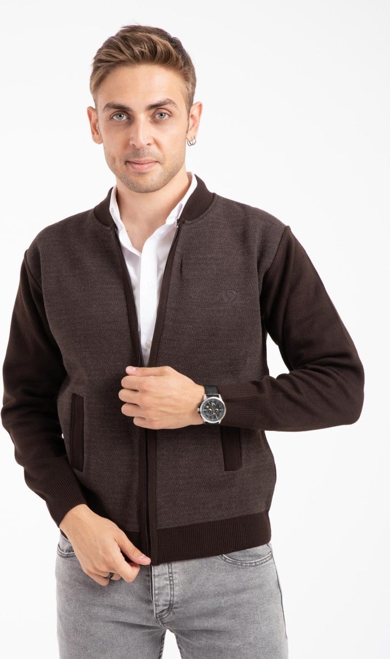Mutlu City Men's Middle Age and Above Knitwear Acrylic Zippered Winter Dad Cardigan 2062-Coffee Color  - Image 1