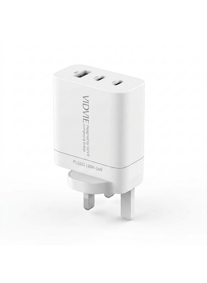 VIDVIE  Fast Wall Charger 65W GaN Triple Ports (Dual Type-C & USB) for Laptops & Phones - White - Image 1