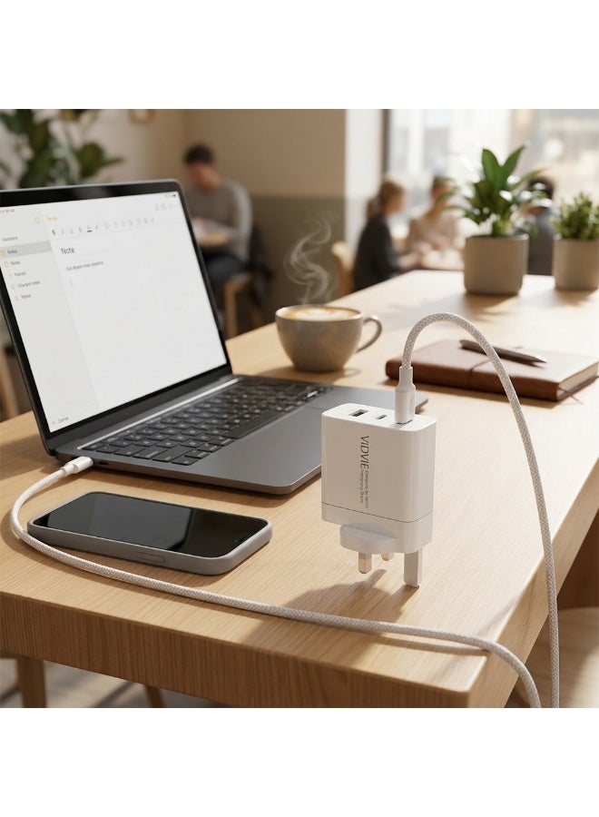 VIDVIE  Fast Wall Charger 65W GaN Triple Ports (Dual Type-C & USB) for Laptops & Phones - White - Image 2