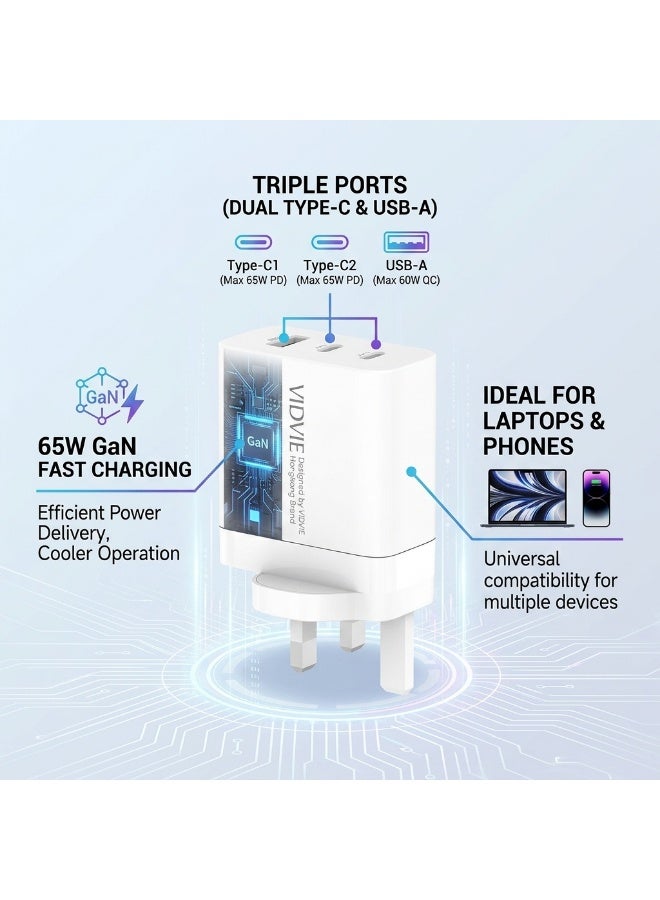 VIDVIE  Fast Wall Charger 65W GaN Triple Ports (Dual Type-C & USB) for Laptops & Phones - White - Image 3