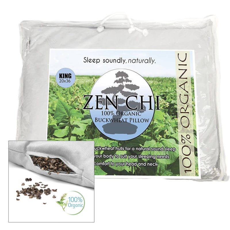 ZEN CHI Buckwheat Pillow  Organic King Size 20X36 w Natural Cooling Technology All Cotton Cover  Keep Cool Comfortable Sleep Pillow Adjusts to The Contours of Head and Neck