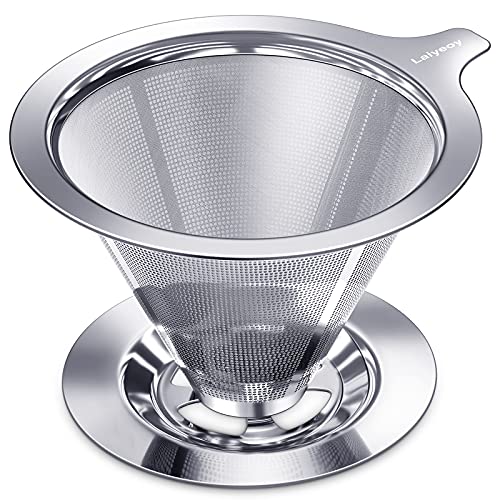 Laiyeoy Pour Over Coffee Dripper, Slow Drip Paperless Coffee Filter, Stainless Steel Pour Over Coffee Maker for Single Cup Brew, Double Mesh Design of Manual Reusable Cone Filter. - Image 1