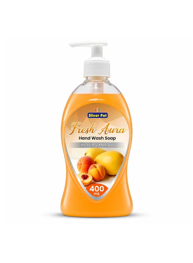 Silver Pot - Fresh Aura, Peach & Mango Hand Wash 400ml Moisturizing Liquid Soap, Gentle Cleansing, Effective Germ Protection, Refreshing Tropical Fragrance, 10x Odor Removal, Daily Hygiene for Family - Image 1