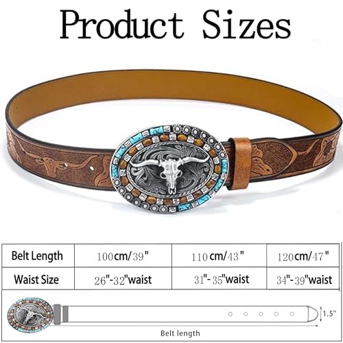 CaySep WesternCowgirlBelt for Women Men Turquoise Oval Buckle Embossed Cowboy Country Belt for Jeans Pants Dress - Image 3
