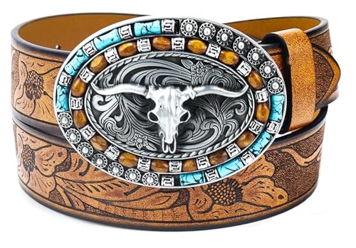 CaySep WesternCowgirlBelt for Women Men Turquoise Oval Buckle Embossed Cowboy Country Belt for Jeans Pants Dress - Image 1