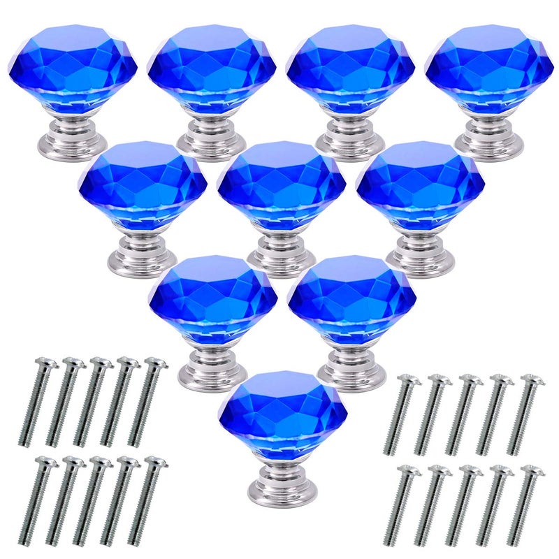 Akstore 10 Pcs Crystal Glass Cabinet Knobs 30mm Diamond Shape Drawer Kitchen Cabinets Dresser Cupboard Wardrobe Pulls Handles Blue